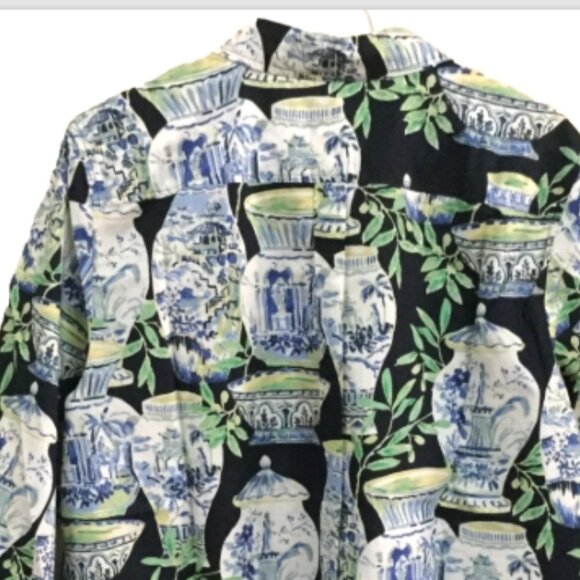 Talbots Women Size XLP Shirt Blouse Top Vases Navy Green White Button Front - Picture 4 of 7